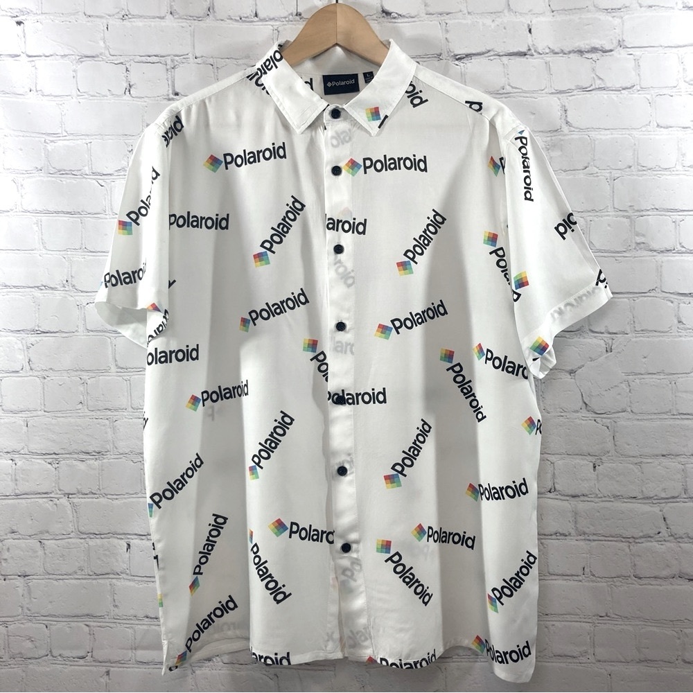 Mens Polaroid Rainbow Color Logo Short Sleeve Dress  Shirt, Size L